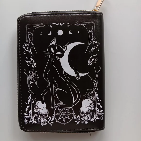 Cat and Moon Themed Zip Around Wallet, Black and White - Picture 4 of 5